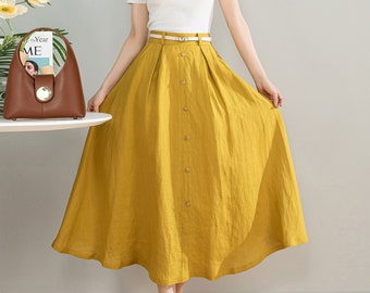 Yellow Linen Skirt, Womens Linen Midi Skirt, Button front Skirt, A-Line Skirt, Plus Size Skirt, Summer Skirt with Pockets, Xiaolizi 4201