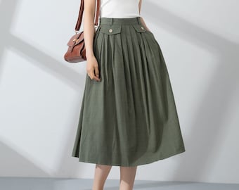 Midi Linen Skirt, High Waisted Long Linen Skirt, Womens Pleated Linen Skirt, Green Linen For Women, Swing Linen Skirt, Custom Skirt 4232#