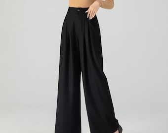 Black wide leg long wool pants women 4555 Black wide leg long wool pants women 4555