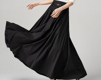 Black Swing Skirt, Pleated Maxi Skirt, Womens Long Skirt, Summer Skirt with Pockets, High Waisted Skirt, Custom Made Skirt, Xiaolizi 4189#