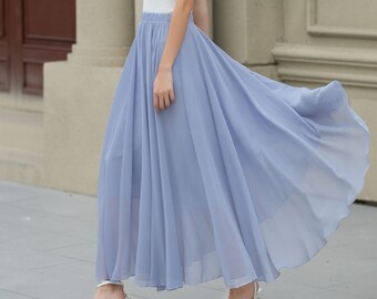 Chiffon Skirt, A-line midi chiffon skirt, Summer Swing Circle chiffon Skirt for Women, Light blue Elastic Waist Chiffon Skirt, Xiaolizi 5110