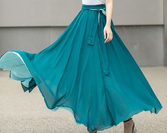 Blue Long Chiffon Maxi Skirt Women, Swing Full Circle Skirt, Boho Maxi Skirt, Elastic Waist Chiffon Skirt with Sash, Plus Size Skirt 4270