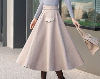 Beige Midi Wool Skirt, High Waisted Skirt with Pockets, Winter Swing Wool Skirt, A Line Skirt, Women Wool Skirt, Custom Skirt, Xiaolizi 4134