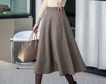 Brown Midi wool Skirt, Houndstooth Wool Skirt, High Waisted Skirt, Warm Winter Skirt, Swing Women Wool Skirt, Custom Skirt, Xiaolizi 4131