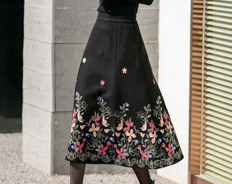 Black Midi Embroidered Wool Skirt, High Waisted Skirt, A Line