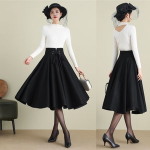 Womens Black Midi Wool Skirt, Swing Skirt, High Waist Skirt, Winter Long Wool Skirt, Skirt with Pockets, Xiaolizi 3900#