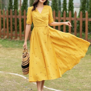 Linen dress, Swing Linen Dress, Wrap dress, Short sleeve floral midi dress, Fit and Flare Dress, Women Modest Linen Dress, Xiaolizi 4947 image 1