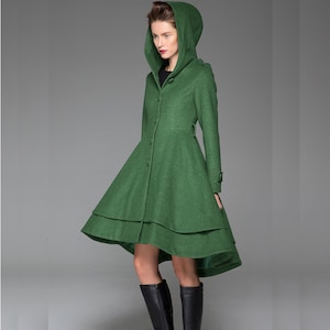 Green Hooded Wool Coat Women, Long Wool Trench Coat, Fit and Flare Wool coat, Fall Winter Swing Coat, Asymmetrical Belt Coat Xiaolizi 1411