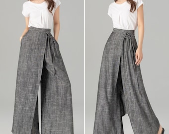 Gray wide leg asymmetrical long linen wrap pants 4938 Gray wide leg asymmetrical long linen wrap pants 4938