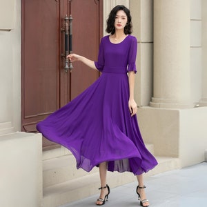 Women's Chiffon Dress, A Line Summer Chiffon Dress, Purple Boho Dress, Big Swing Dress, Circle Chiffon Dress, Ankle Length Dress 5116