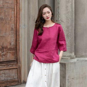 Loose Fit Linen Blouse, Rose Linen Top, Plus Size Linen Shirt, Summer Top for Women, Oversized Top, Womens Linen Top, Xiaolizi 4290#