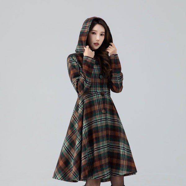 Wool coat, Midi plaid wool caot, Hooded wool coat, Swing wool coat women, Winter warm wool coat, Princess coat, Custom coat, Xiaolizi 4784