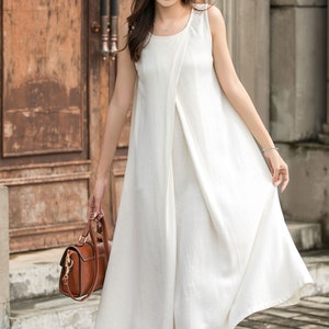 Maternity Dresses, White Linen Dress, Sleeveless dress, Casual Linen Midi Dress, Plus size dress with pockets, custom dress, Xiaolzi 3699#