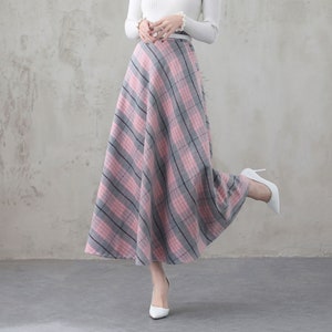 Pink Long Wool Plaid Skirt, Long Wool Skirt with Pockets, Pink A Line Maxi Skirt, Fall Winter Flare Skirt, Swing Skirt, Xiaolizi 4006#