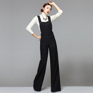 Black Suspender Wool Pants Women, Black Trousers, Winter Wool Pants, Black High Waist Wide Leg Pants, Custom Made pants 3962#