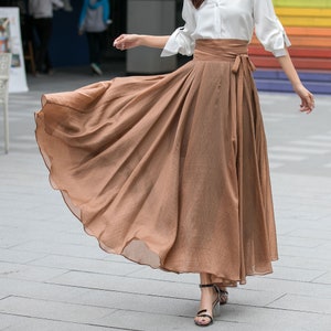Summer Swing Chiffon maxi Skirt, Circle Long chiffon Skirt for Women, Flowy Pleated Long Skirt, Belted chiffon skirt, Mod Clothing 3533