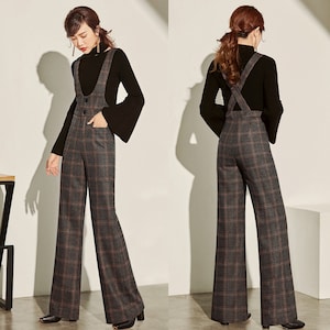 Brown Plaid Suspender Wool Pants Women, Autumn Winter Straight-leg