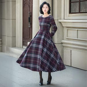 Plaid Wool Midi Dress: Fit & Flare Long Sleeve Autumn Winter
