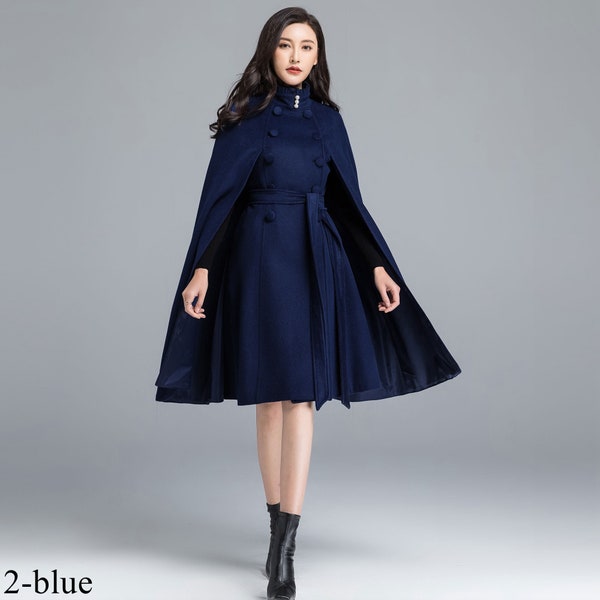 Manteau cape d'hiver en laine pour femmes, longue cape en laine avec col montant, manteau bleu évasé, manteau cape d'automne, cape en laine grande taille, Xiaolizi 2487