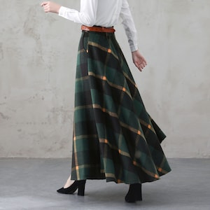 Green Long Wool Plaid Skirt, Maxi Wool Skirt with Pockets, Tartan Skirt, Vintage Swing A Line Skirt, Full Fall Winter Skirt, Xiaolizi 4000#