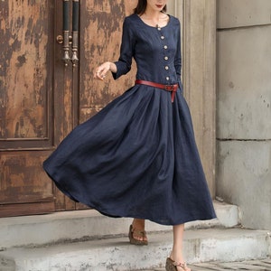 Linen Dress, Maxi Linen Dress, Spring Linen dress, Womens dress, Swing Long Dress, Navy Blue Dress, Custom dress, Xiaolizi 2742