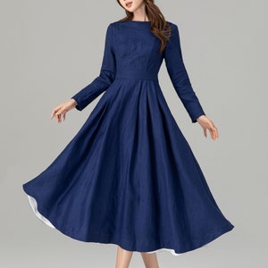 Leinenkleid, Midi Leinenkleid, Leinenkleid für Frauen, Frühlings und Sommerkleid, Swing-Kleid, Blaues Leinenkleid, Kleid nach Maß, Xiaolizi 4925 1-Blue