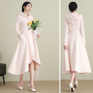 Hooded Swing Wool Coat in Pink, Coat Dress, Winter Wedding Coat, Fashionable Overcoat 3901#
