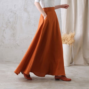 Orange A-Line Linen Maxi Skirt, High Waist Long Linen Skirt, Flowy Organic Linen Skirt with Pockets, Pleated Skirt, Summer Fall Skirt 2768