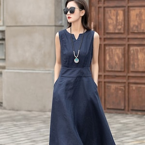 Casual sleeveless Navy linen midi dress 2593 Casual sleeveless Navy linen midi dress 2593
