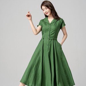 Linen dress, Swing Shirt Dress, 1950s Green Midi Dress Women, Fit and Flare Dress, Short Sleeve Linen Dress, Xiaolizi, Custom Dress 4195#