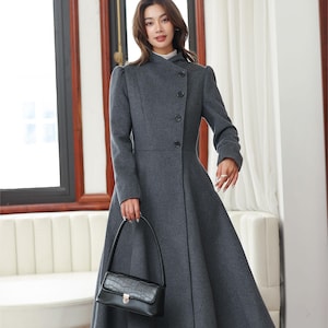 Long Wool Coat, Warm Winter Wool Coat, Womens Wool Coat, Retro Wool Swing Coat, Grey Midi Wool Coat, Handmade Wool Coat, Xiaolizi 4027#