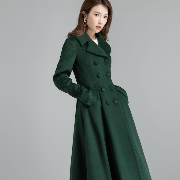 Vintage inspired wool green coat, Long wool coat, Winter coat women, Wool coat women, Double breasted wool coat, Custom coat, Xiaolizi 2398#