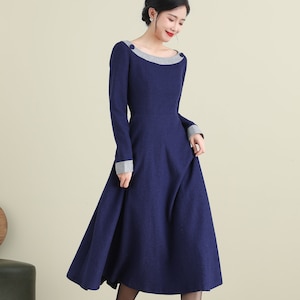 Wool Dress, Blue Wool Dress, Midi Dress, A-Line Dress, Autumn Winter Wool Dress, Women Dress, Navy Blue Dress, Custom Dress, Xiaolizi 3892
