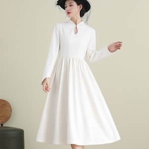 White Wool Dress, Wool Midi Dress, A-Line Wool Dress, Wedding Guest Dress, Mandarin Collar Wool Dress, Handmade Dress, Xiaolizi 3902#