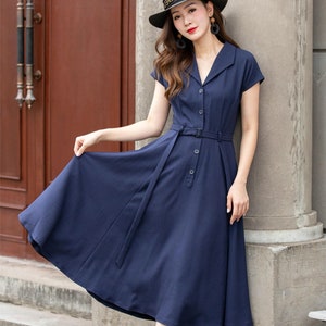 Vestido de lino azul, vestido camisero con vuelo, vestido midi de los años 50 para mujer, vestido entallado y acampanado, vestido de lino de manga corta, Xiaolizi, vestido personalizado 4414#