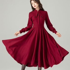 Burgundy Wool Dress, Vintage Inspired Wool Dress, Long Sleeves Swing Dress, Classic Fit And Flare Dress, Spring Autumn Dress, Xiaolizi 4490