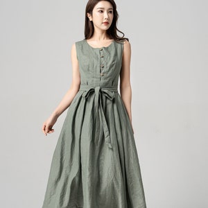 Linen Dress, Sleeveless Linen dress, Casual Linen Midi Dress, Belted Linen dress with pockets, Summer Plus size custom dress, Xiaolizi 4182#