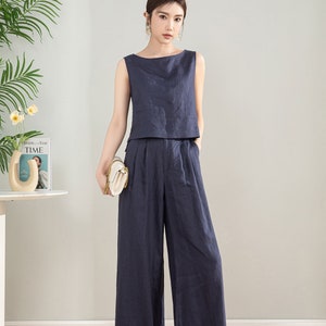 Two Piece Set Linen, Blue linen top and wide leg linen pants, sleeveless crop top, high waisted linen pants, linen outfit, xiaolizi 4199