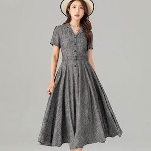 Linen dress, Swing Shirt Dress, 1950s Gray Midi Dress Women, Fit and Flare Dress, Short Sleeve Linen Dress, Xiaolizi, Custom Dress 4912#