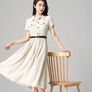 Military-inspired dress, Midi shirt dress for Women, Beige Summer Pleated work Dress, Belted Office dress, Custom Dress, Xiaolizi 4194#