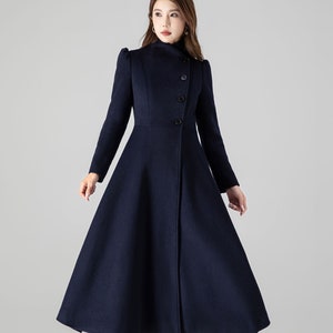 Warm Winter Wool Coat, Blue  Long Wool Coat, Wool Coat Women, Retro Wool Swing Coat, Midi Wool Coat, Handmade Wool Coat, Xiaolizi 4506#