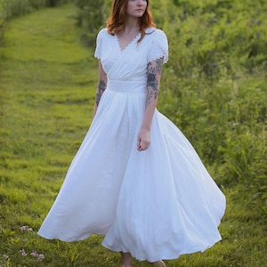 White dress women, Simple wedding dress, Boho wedding dress, Prom dress long, women dress formal, Summer dress, Maxi Linen dress 0959#