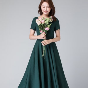 Women's Linen swing Dress with the pockets, 50s green fitted midi dress, Summer party fit and flare dress, Retro short sleeve dress 1900#
