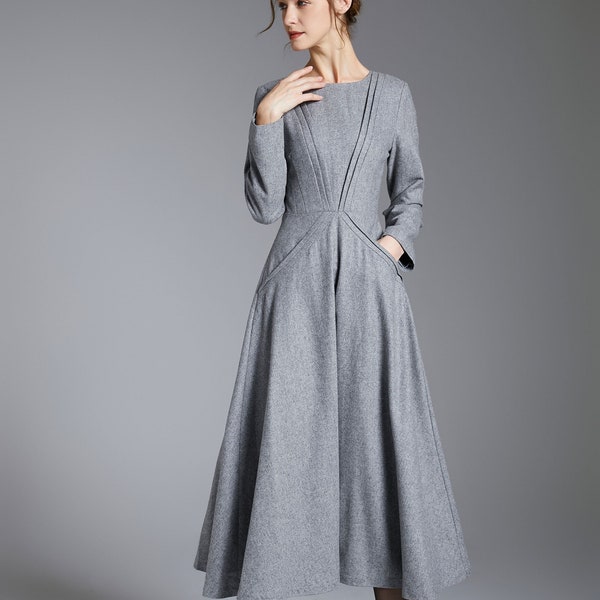 Wool Dress, Gray Wool Midi Dress, A-Line Wool Dress, Long Sleeve Dress, Women's Wool Dress With Pockets, Winter Dress, Custom Dress 3882