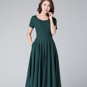 Women's Linen Swing Dress With the Pockets, 50s Green Fitted Midi Dress ...