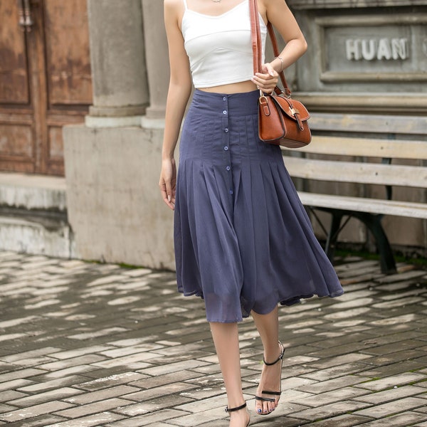 Blue midi chiffon skirt, Button front skirt, Summer Womens pleated chiffon skirt, Midi skirt, boho Skirt, Handmade skirt, Xiaolizi 3694#