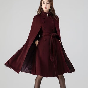 Burgundy Swing Cloak Coat, Winter Wool Cape Coat Women, Long Wool Cape with stand collar, Fall Cape Coat, Plus Size Wool cape, Xiaolizi 4518