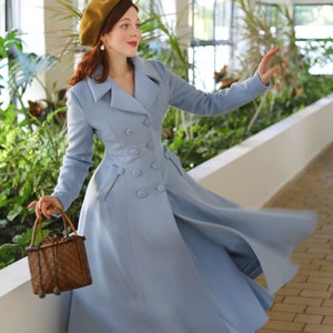 Vintage inspired Long wool coat, Winter coat women, Wool coat women, fit and flare coat, Double breasted Wedding wool coat, Xiaolizi 2412 Light blue-2412