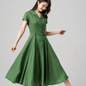 Linen dress, Swing Shirt Dress, 1950s Green Midi Dress Women, Fit and Flare Dress, Short Sleeve Linen Dress, Xiaolizi, Custom Dress 4195#
