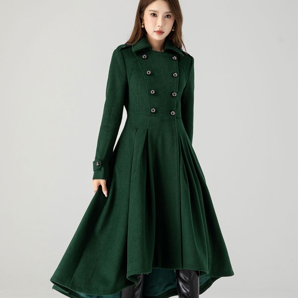 Wool coat, Long wool coat, Swing wool coat, Green midi wool coat, Vintage inspired wool coat, Womens winter coat, Custom coat, Xiaolizi 4604